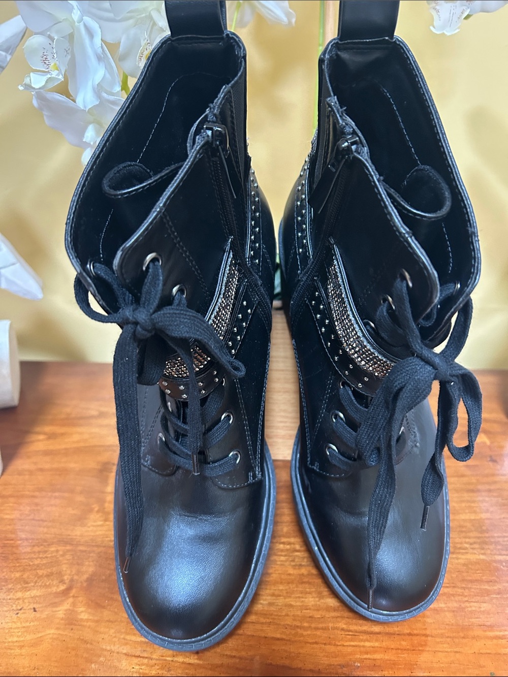 Torrid Black Rhinestone Embellished Sz 12 Wide Chunky Heel Combat Ankle Boots